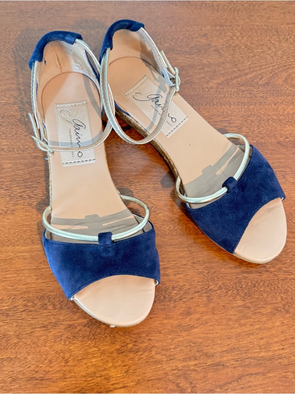 Gaimo Blue Suede Espadrille Gold Strap & Accents Jute Flat Hand Made Spain Sz 6